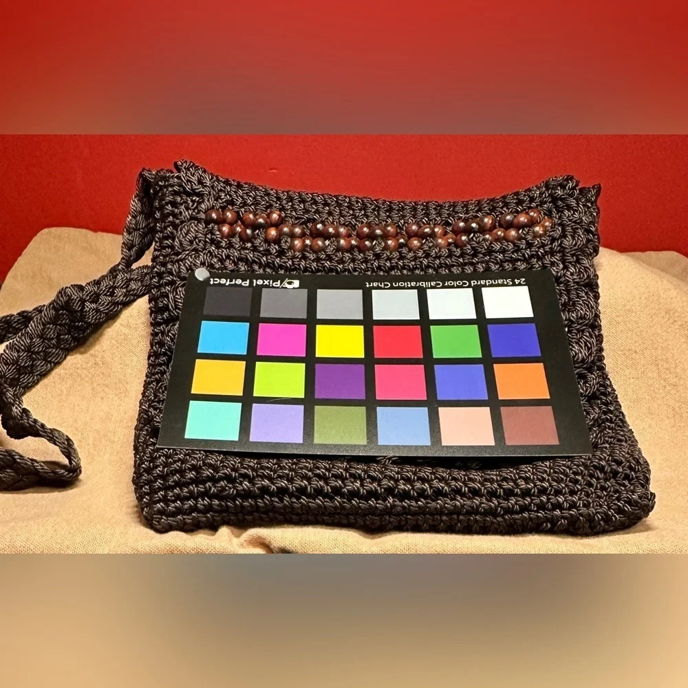 Vintage Crocheted Brown Small Crossbody Bag Fold Over Flap With Wood Bead Accent